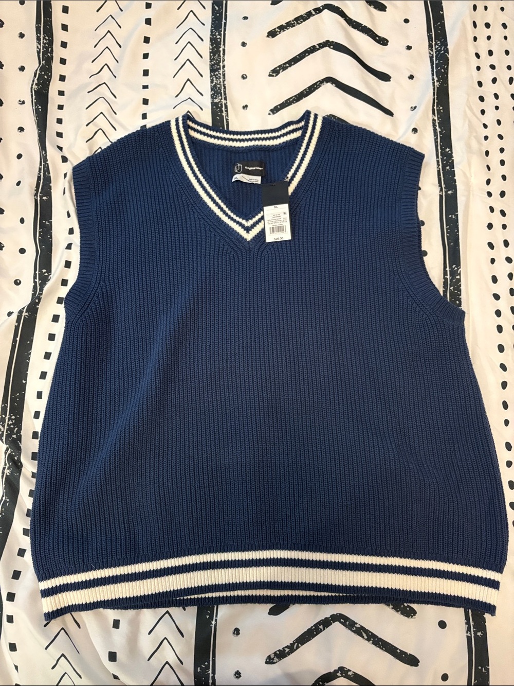 Original Use Men's Navy V-Neck Knit Vest with White Stripe Trim